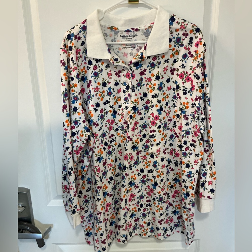 Woman Within Long Sleeve Polo Top - White with Pink, Blue, Orange Floral Print